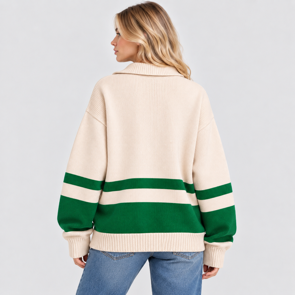 Stribet Sweater med Kort Lynlås til Damer - Colorblock Strik