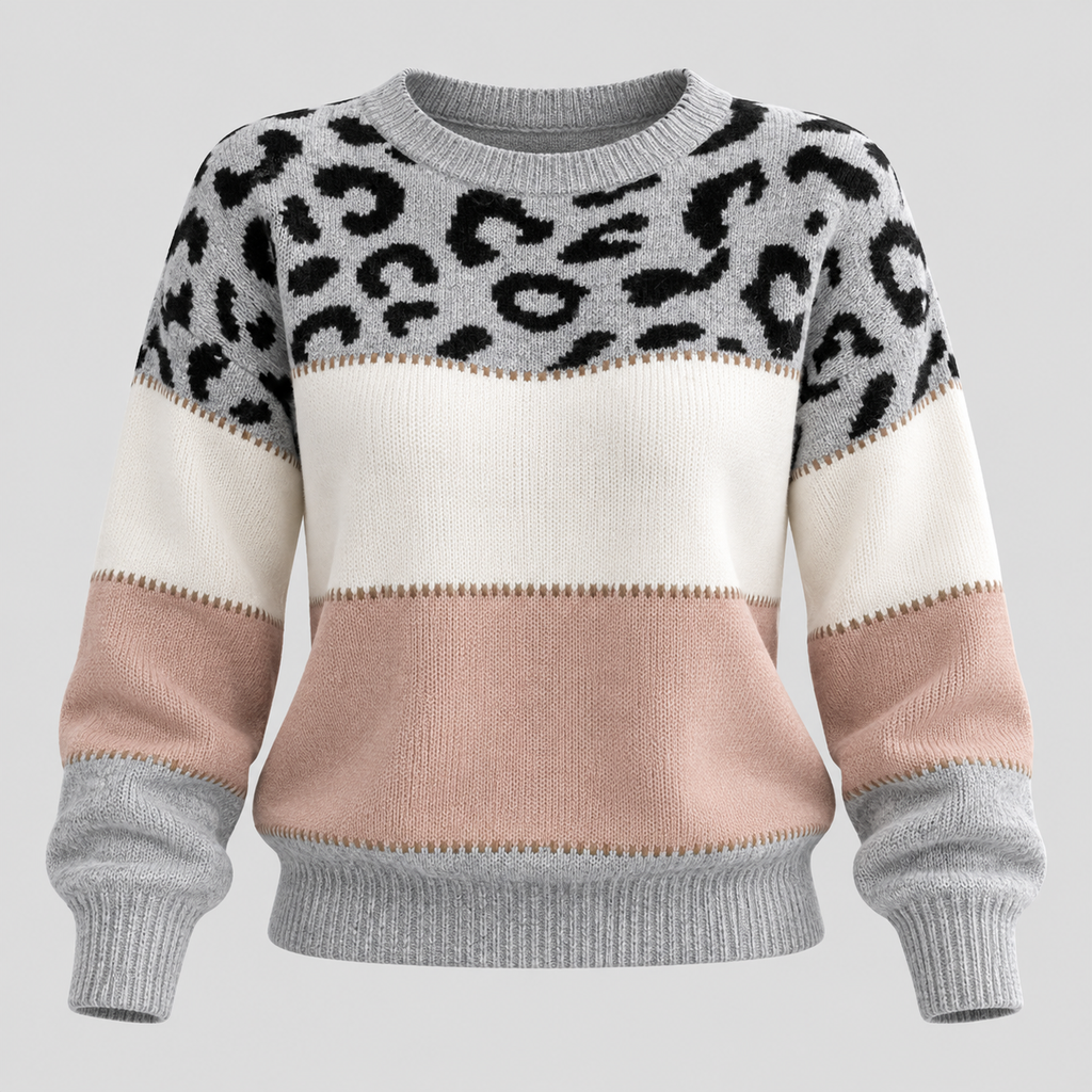 Strikket Sweater til Damer - Leopardprint med Colorblock-Felter