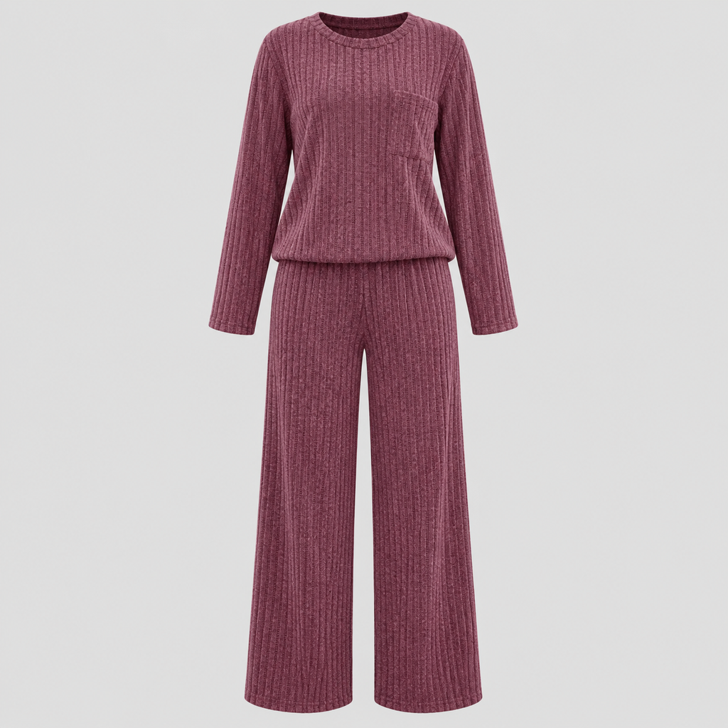 Dame Ribbet Loungesæt – Langærmet Vide Bukser Loungewear