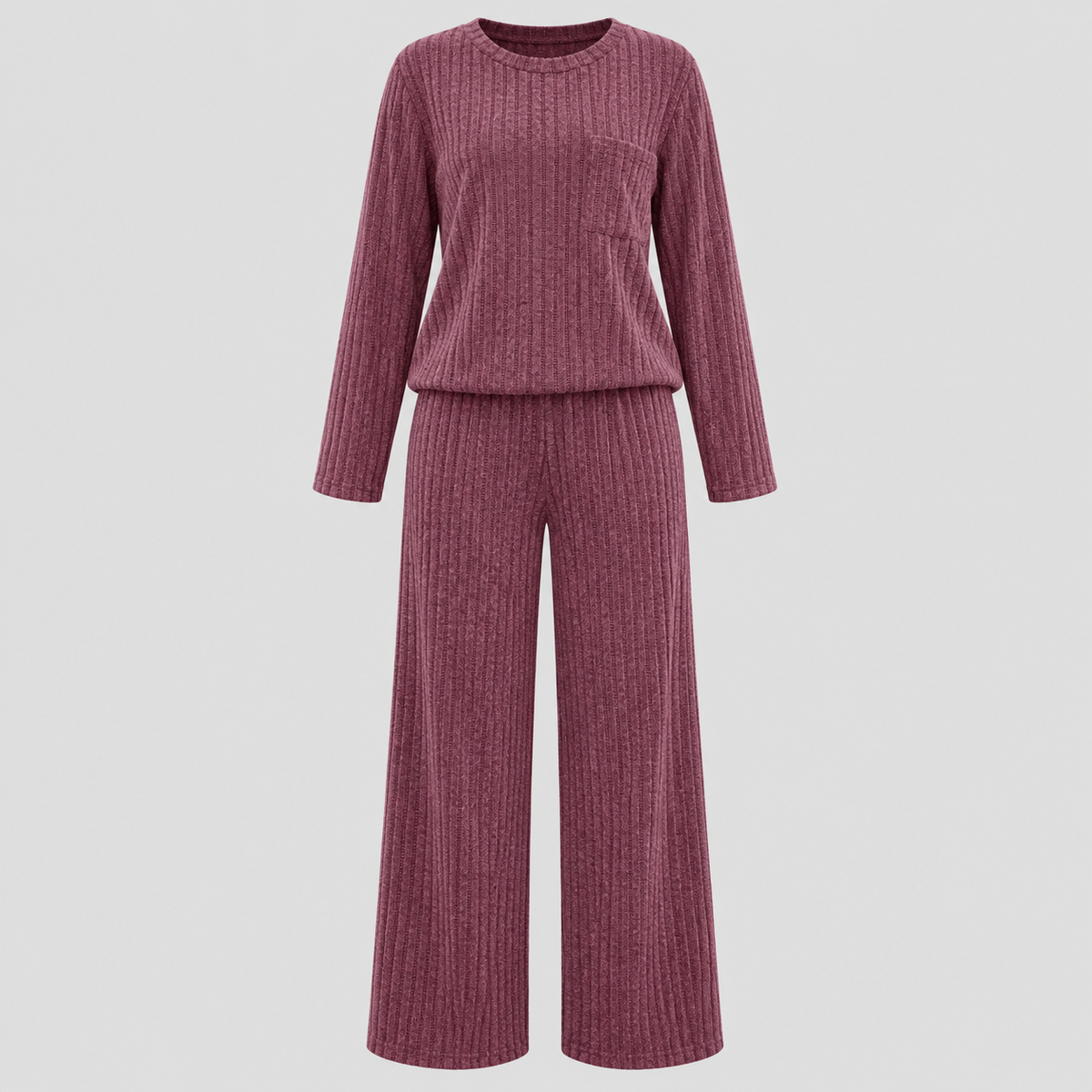 Dame Ribbet Loungesæt – Langærmet Vide Bukser Loungewear