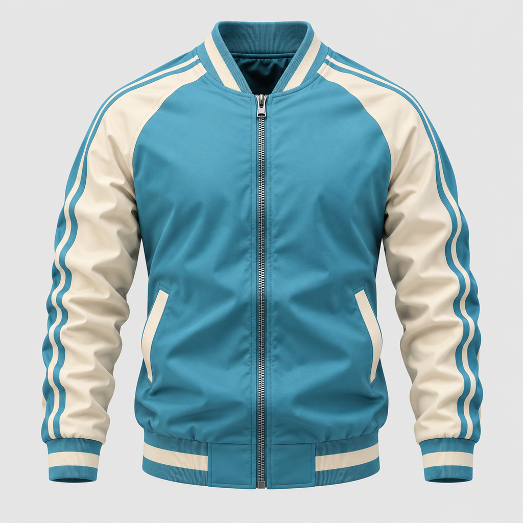 Colorblock Varsityjakke - Ribbet Krave med Stribede Ærmer