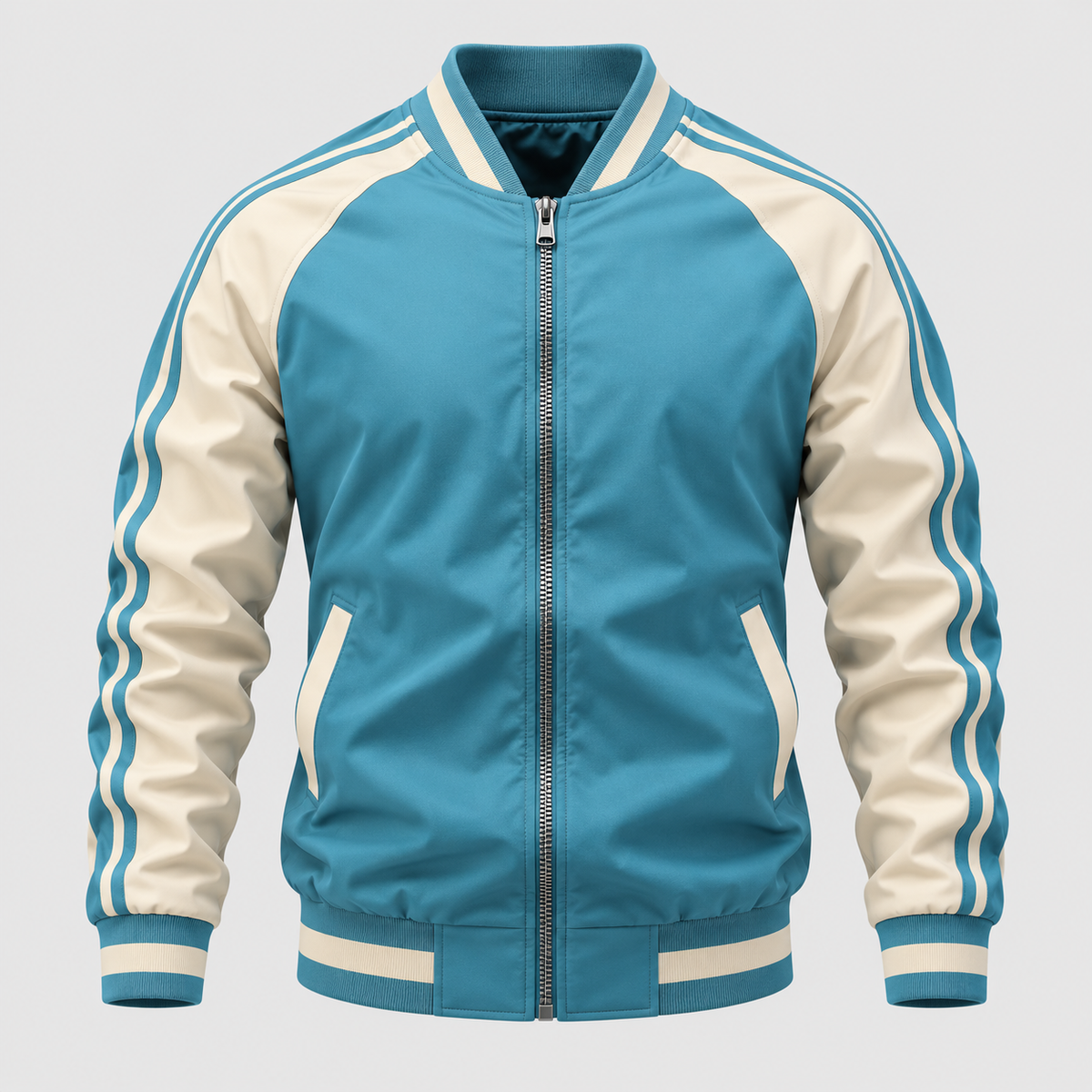 Colorblock Varsityjakke - Ribbet Krave med Stribede Ærmer