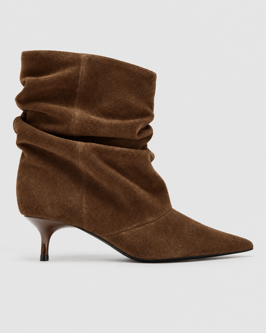 Slouchy Ankelstøvler i Ruskindslook til Damer - Spids Tå, Kitten Heel