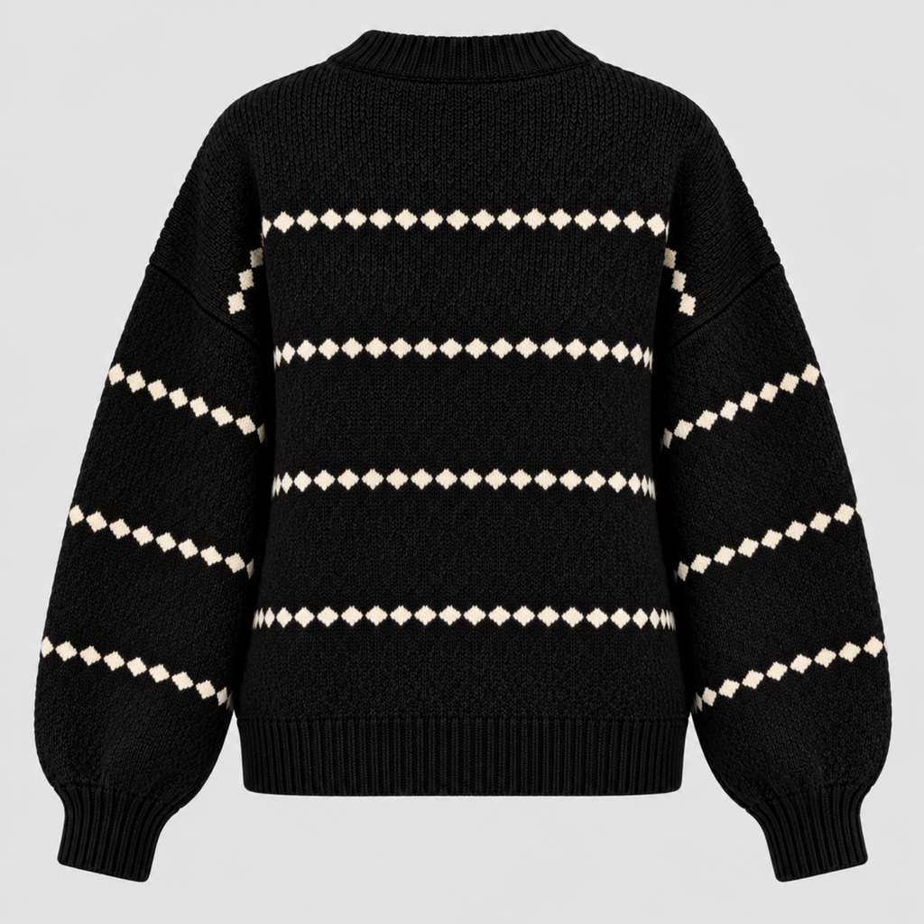 Oversized Popcorn-Strikket Sweater til Damer - Rund Hals, Ribkant