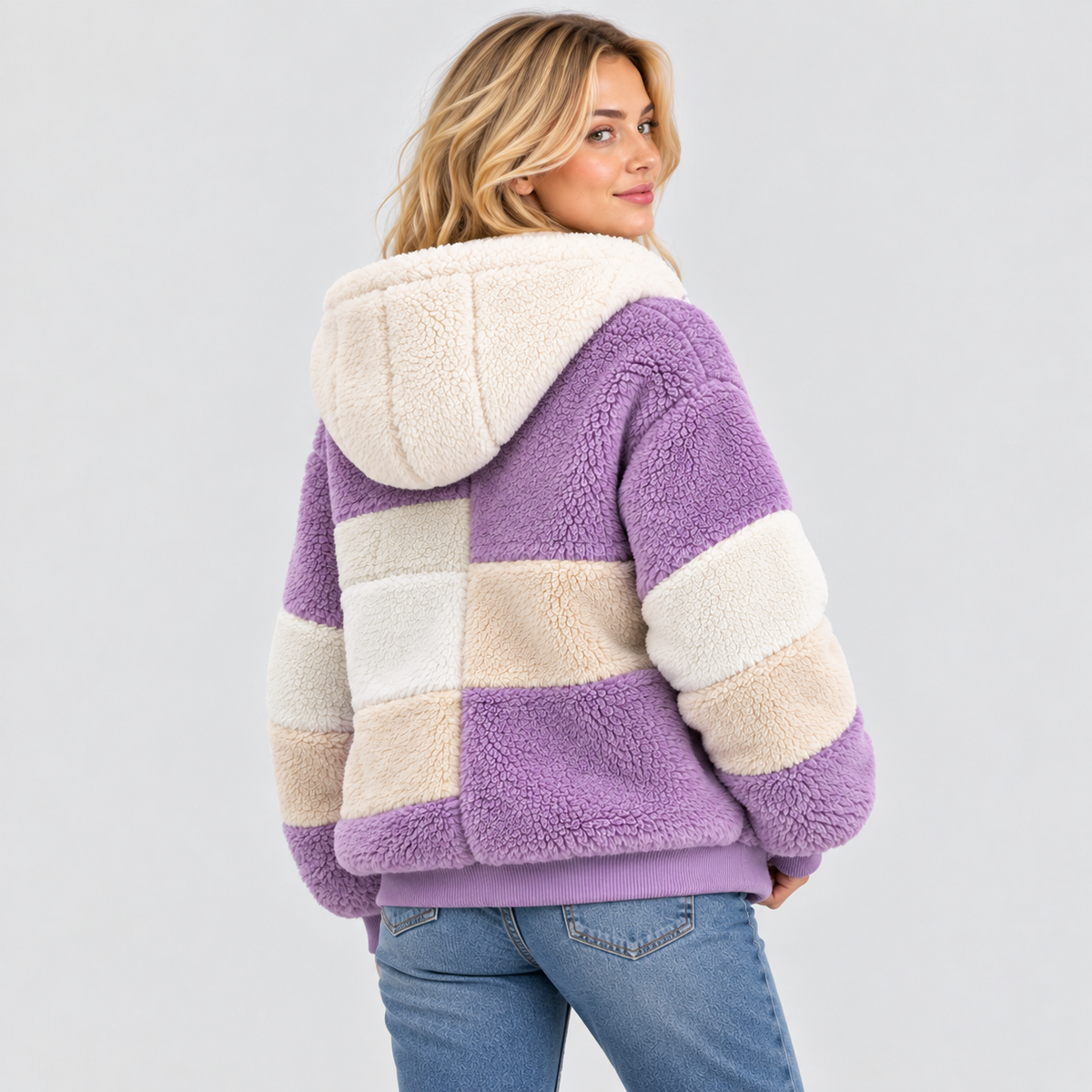 Colorblock Vinterjakke til Damer - Snorehætte, Hoftelang