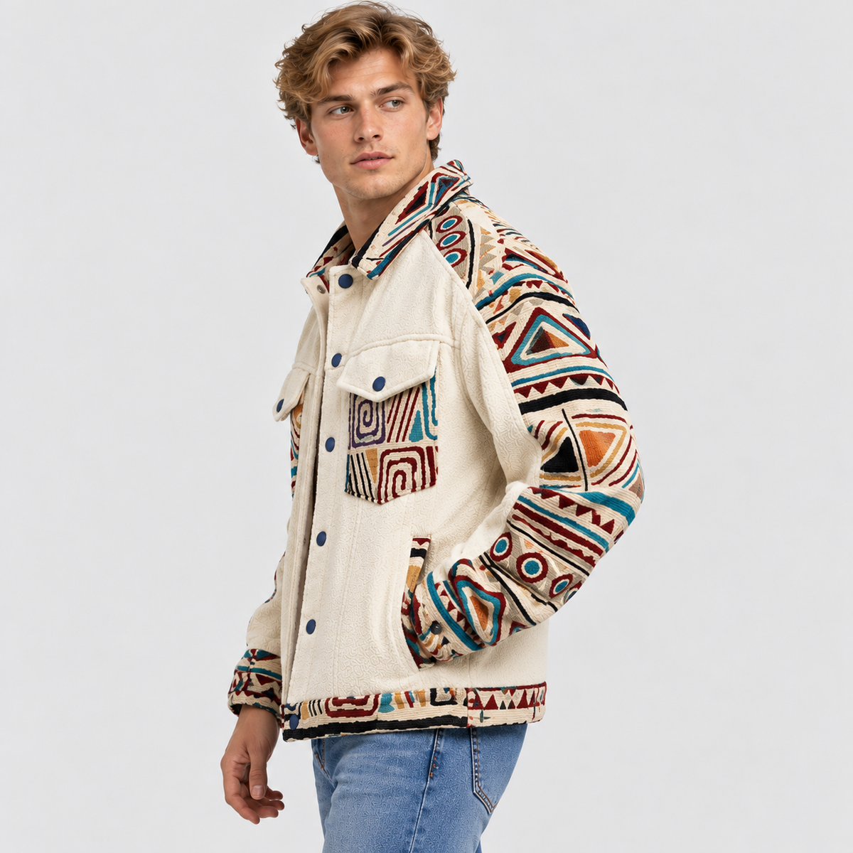 Herrer Aztekerprintet Denimjakke - Klassisk Krave, Brystlommer