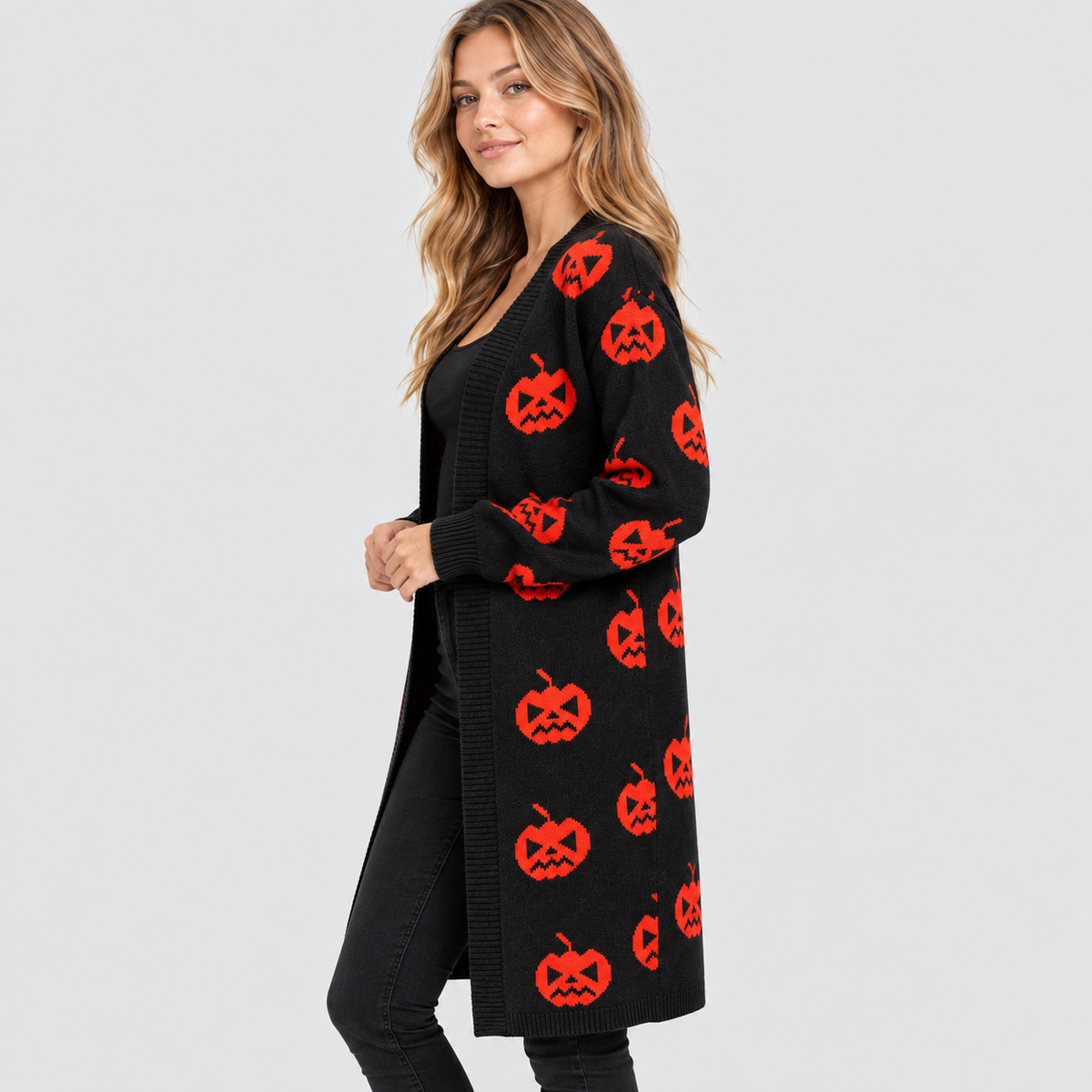Cardigan med Græskarprint til Damer - Lang Åben Halloween-Strik