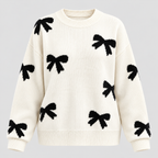 Sløjfeprintet Sweater til Damer - Rund Hals, Lange Ærmer
