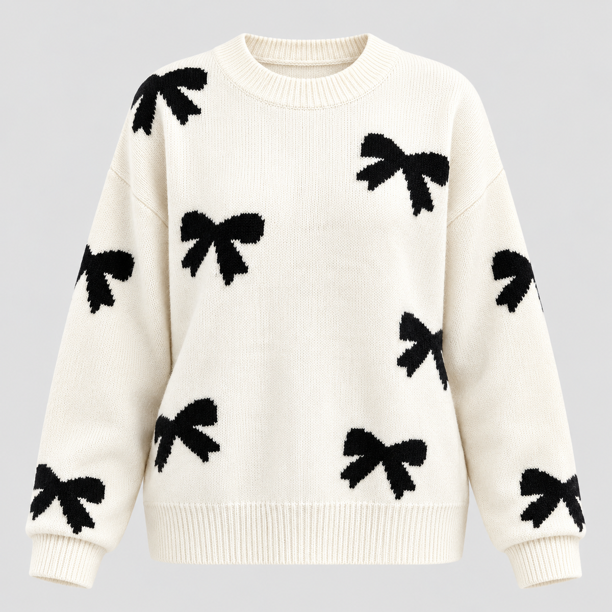Sløjfeprintet Sweater til Damer - Rund Hals, Lange Ærmer