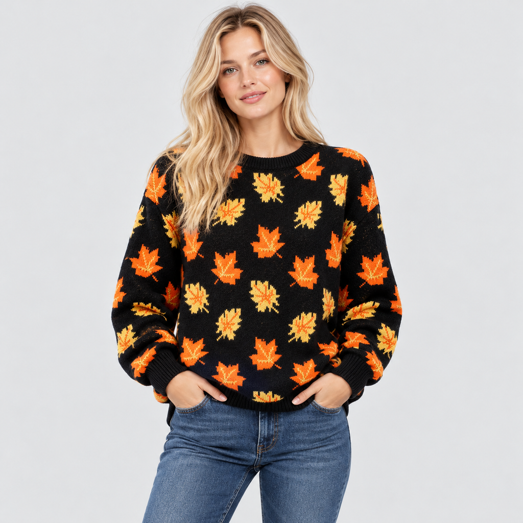 Efterårsbladprintet Sweater - Rund Hals, Afslappet Strik