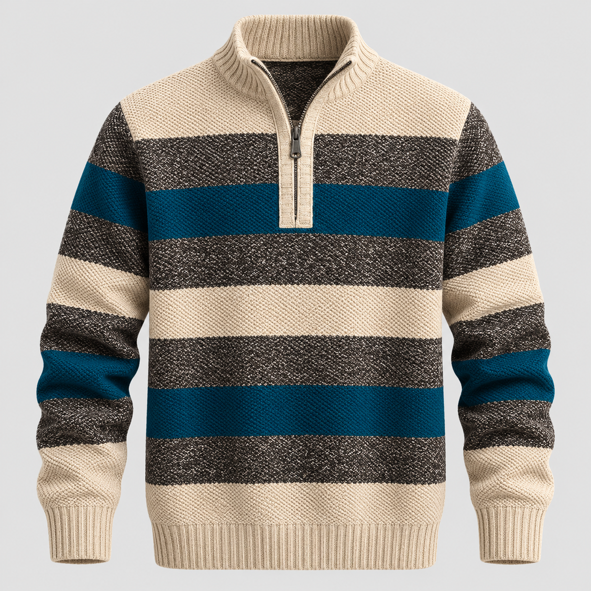 Stribet Sweater med Kort Lynlås til Herrer - Ribbede Manchetter og Kant