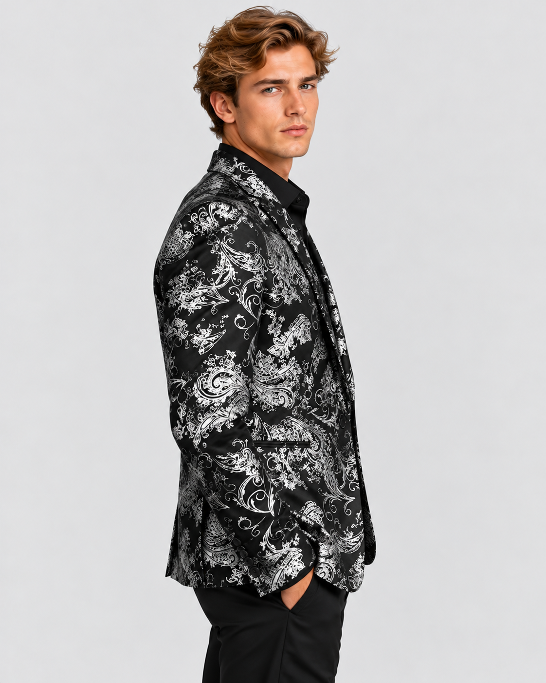 Slim Fit Blazer til Herrer - Metallisk Blomsterjacquard, Enkelt Knap