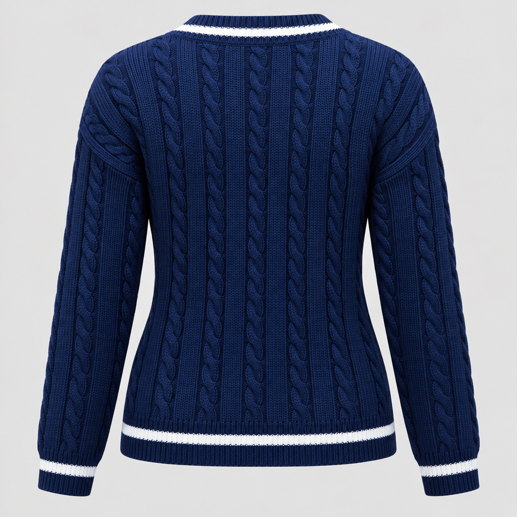 Kabelstrikket Sweater til Damer - V-Hals, Kontrastkant