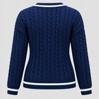 Kabelstrikket Sweater til Damer - V-Hals, Kontrastkant