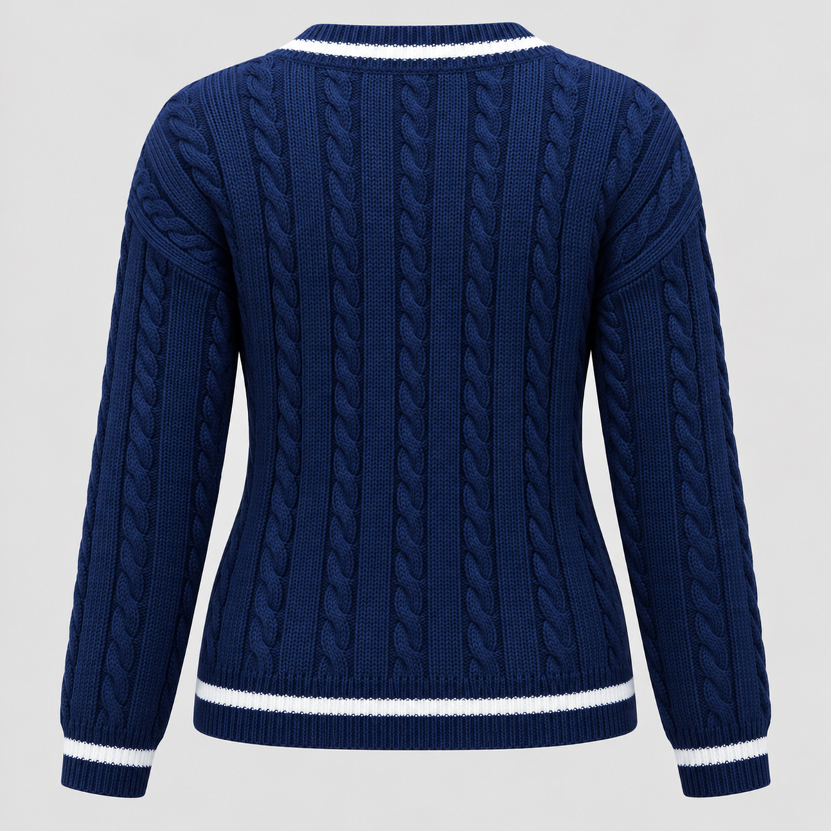 Kabelstrikket Sweater til Damer - V-Hals, Kontrastkant