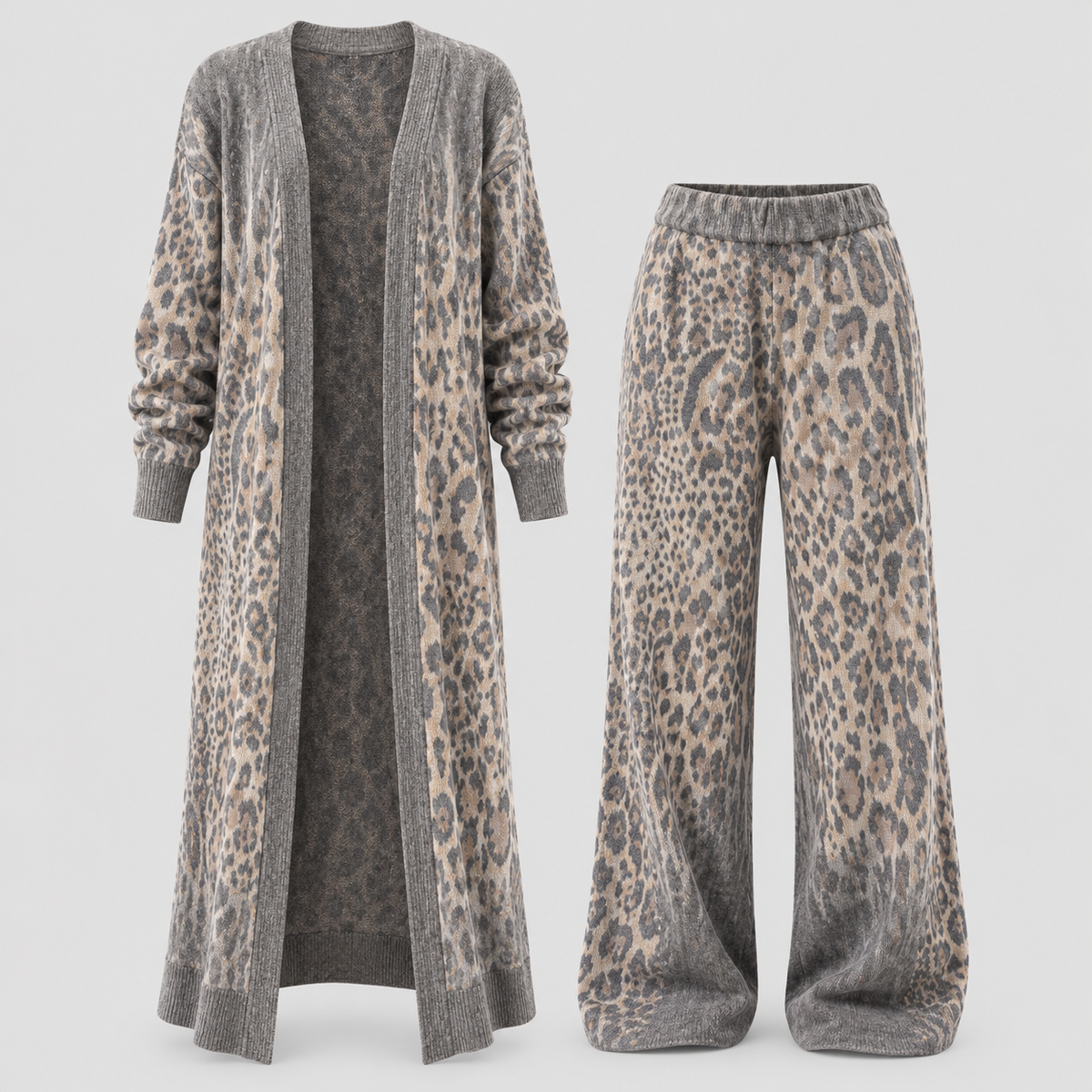 Todelt Sæt med Leopardprint til Damer - Cardigan og Brede Bukser