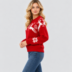 Julesweater med Rensdyr til Damer - Snefnugsstrik, Rund Hals
