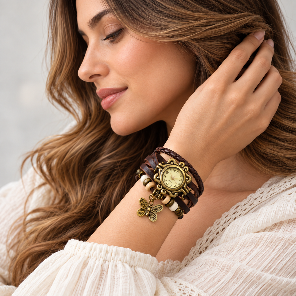 Vintage Wrap Armbåndsur til Damer - Vævet Læder med Charms