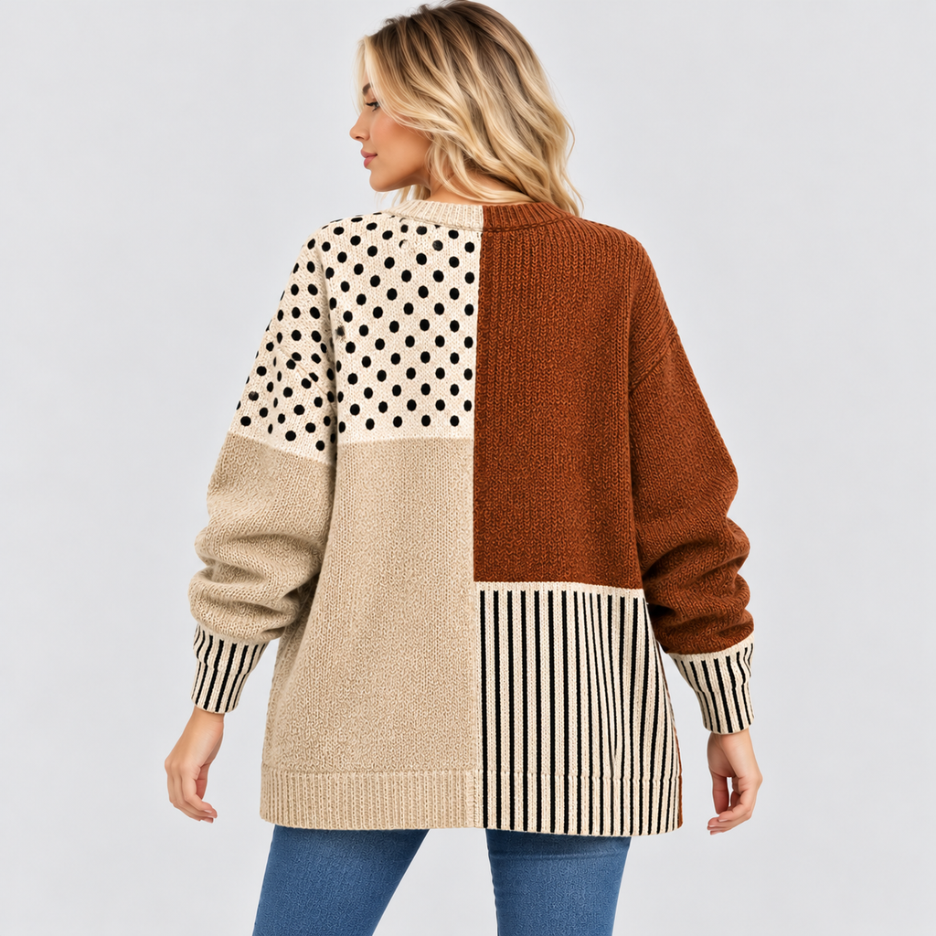 Cardigan med Blandede Paneler - Prikket og Stribet Patchwork-Strik