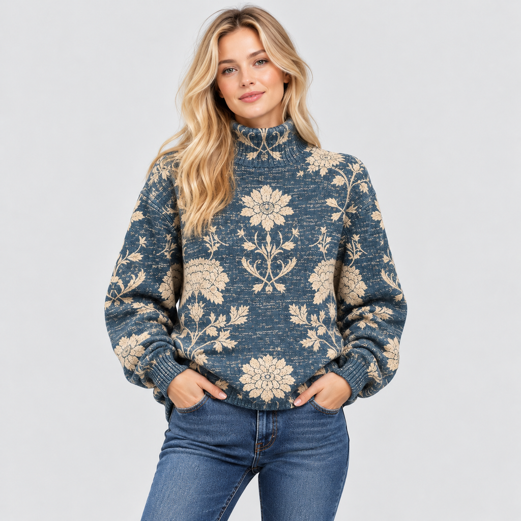Botanisk Printet Sweater - Rullekrave, Afslappet Strik