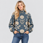 Botanisk Printet Sweater - Rullekrave, Afslappet Strik