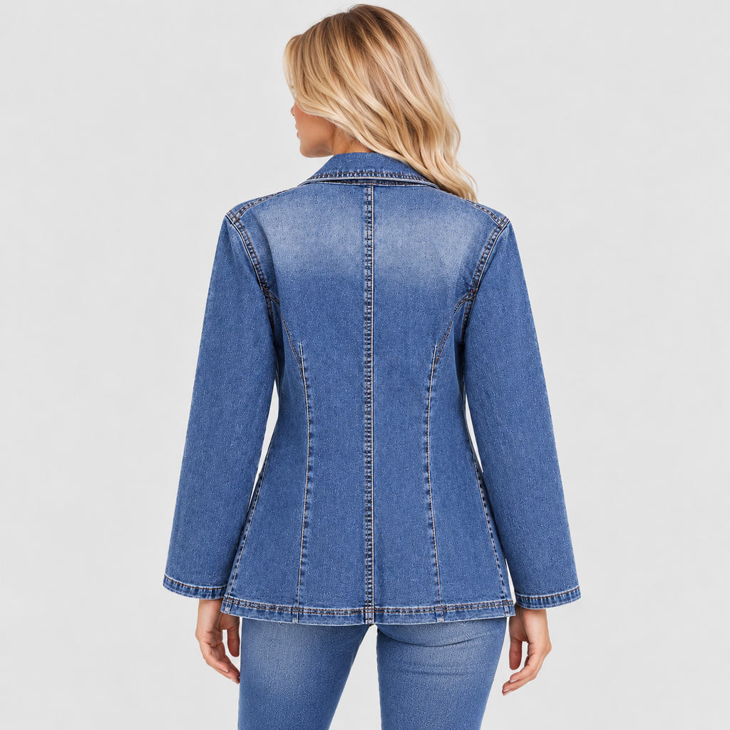 Denimjakke-Blazer til Damer - Reverskrave, Hoftelommer