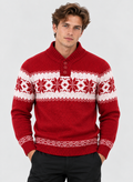 Rød Jacquardstrik Sweater til Herrer - Nordisk Snefnugsbånd, Sjalskrave