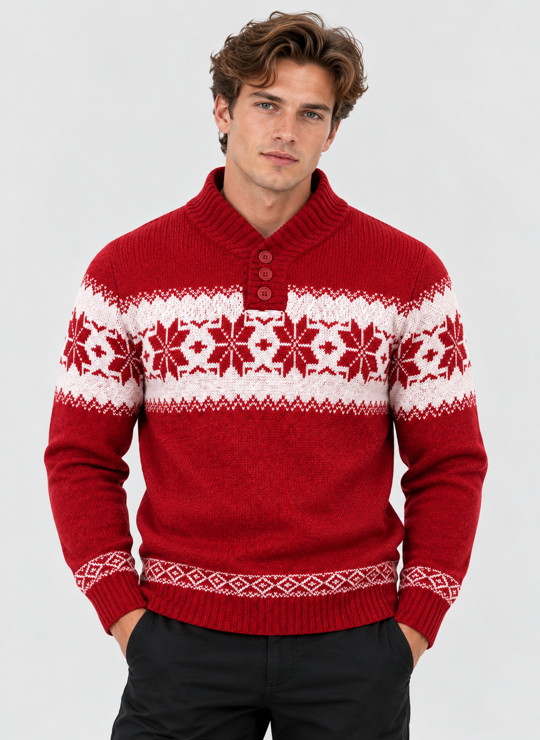 Rød Jacquardstrik Sweater til Herrer - Nordisk Snefnugsbånd, Sjalskrave