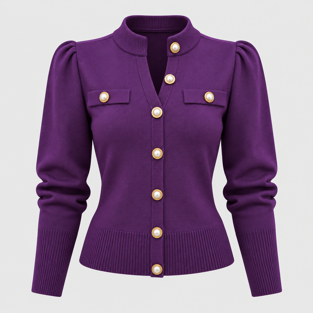 Cropped Strikket Cardigan til Damer - Guldknapper Foran, V-Hals