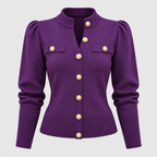 Cropped Strikket Cardigan til Damer - Guldknapper Foran, V-Hals
