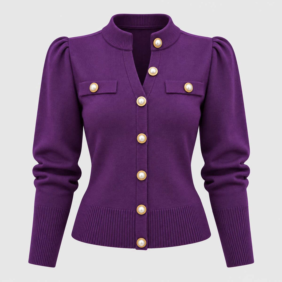 Cropped Strikket Cardigan til Damer - Guldknapper Foran, V-Hals