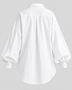Oversized Skjortebluse til Damer - Ballonærmer, Asymmetrisk Kant, Spids Krave