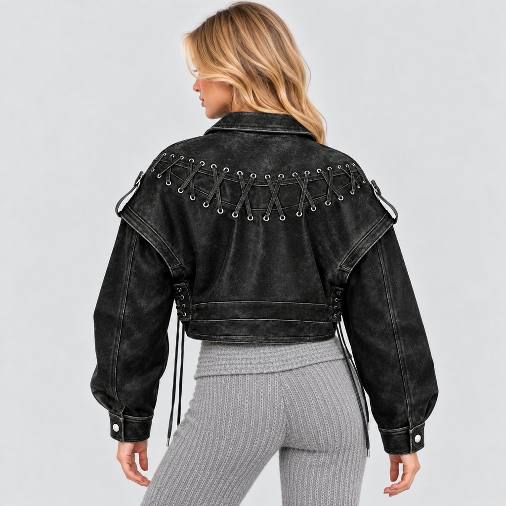 Cropped Biker-Jakke - Asymmetrisk Lynlås, Used-Look
