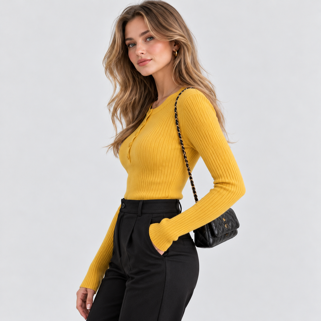 Ribstrikket Sweater med Knaplukning til Damer - Strækstrik