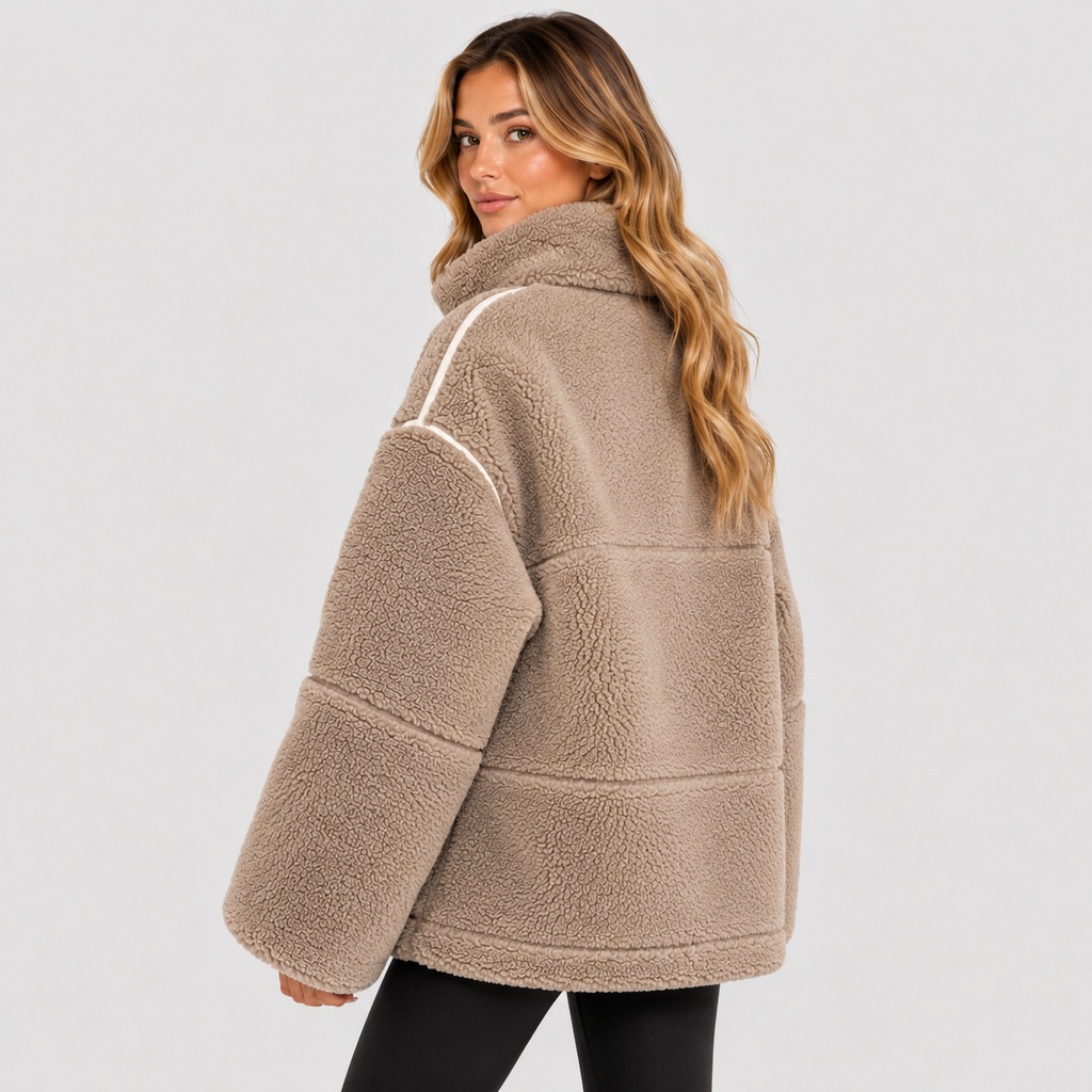 Oversized Teddyfrakke til Damer - Revers, Påsyede Lommer