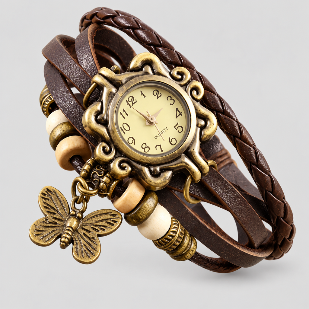 Vintage Wrap Armbåndsur til Damer - Vævet Læder med Charms