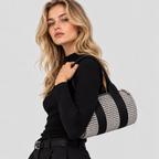 Hanekamsmønstret Barrel Bag til Damer - Cylindrisk Facon med Læderlook-Kant