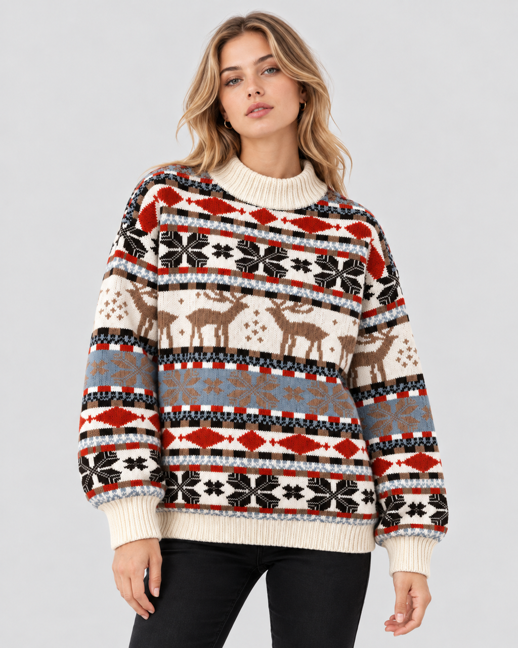 Fair Isle Rensdyrsweater til Damer - Snefnugsbånd, Ribbet Rund Hals