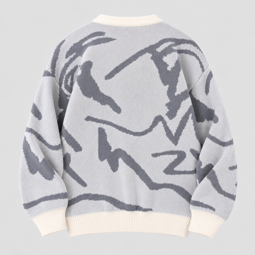 Graffiti Print Sweater til Herrer - Crew Neck Strik med Ribbede Manchetter
