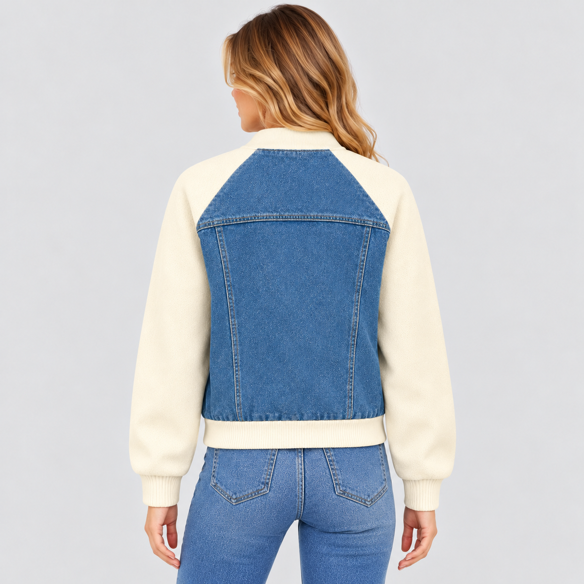 Cropped Bomberjakke til Damer - Denim med Ribkant