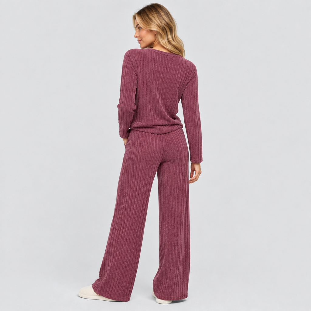 Dame Ribbet Loungesæt – Langærmet Vide Bukser Loungewear
