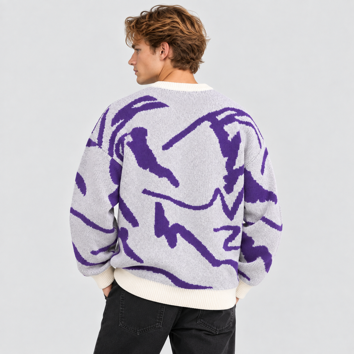 Graffiti Print Sweater til Herrer - Crew Neck Strik med Ribbede Manchetter