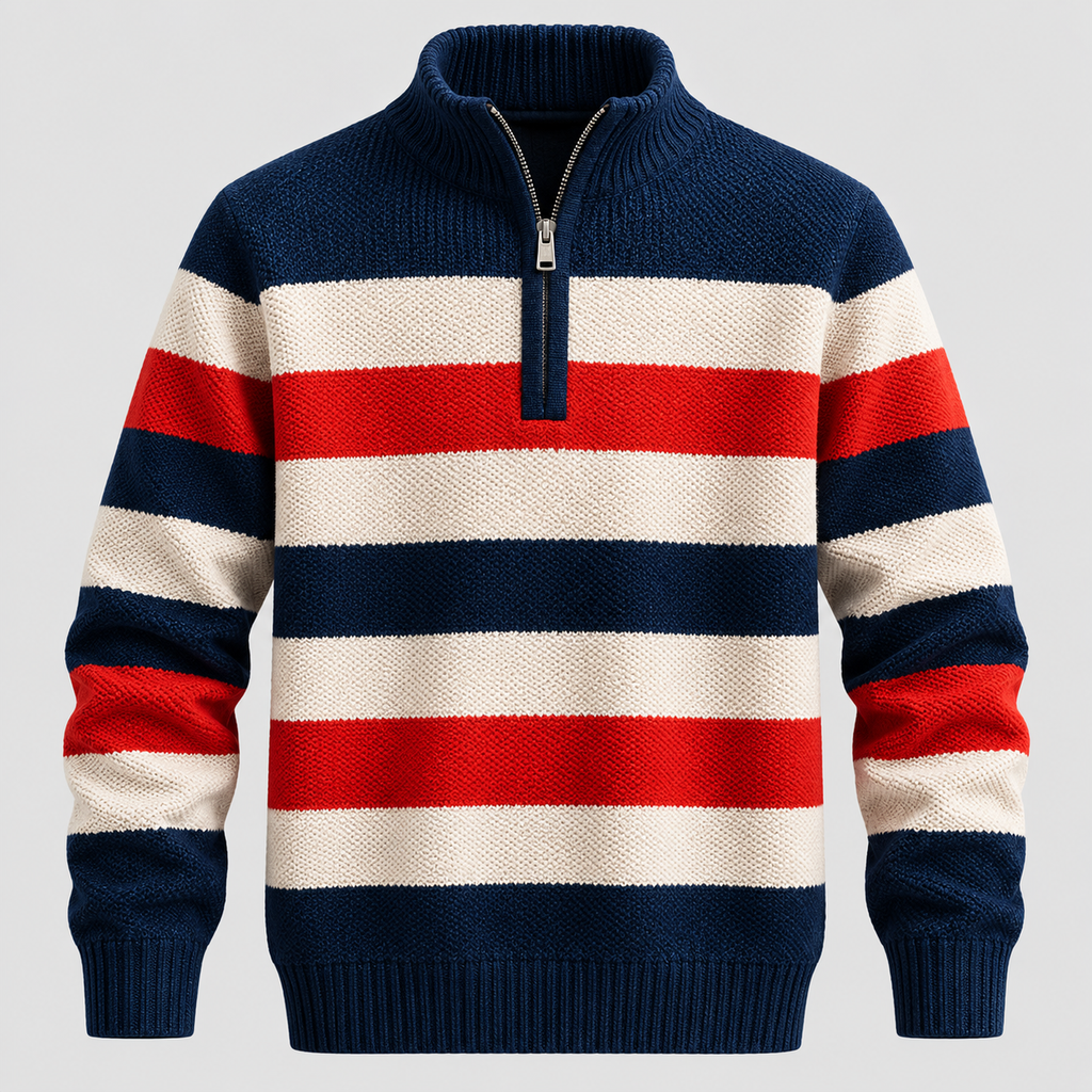Stribet Sweater med Kort Lynlås til Herrer - Ribbede Manchetter og Kant