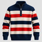 Stribet Sweater med Kort Lynlås til Herrer - Ribbede Manchetter og Kant