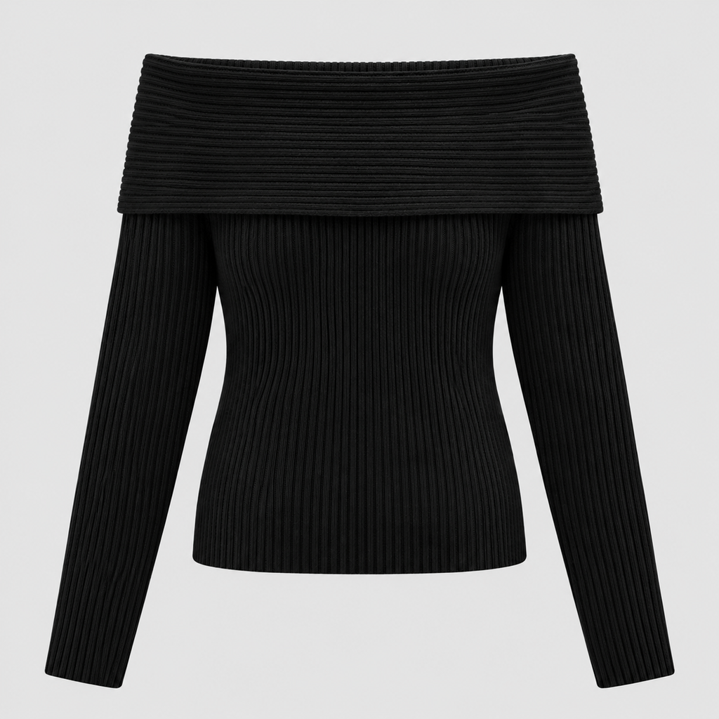 Off-Shoulder Sweater til Damer - Foldet Halsudskæring, Lange Ærmer