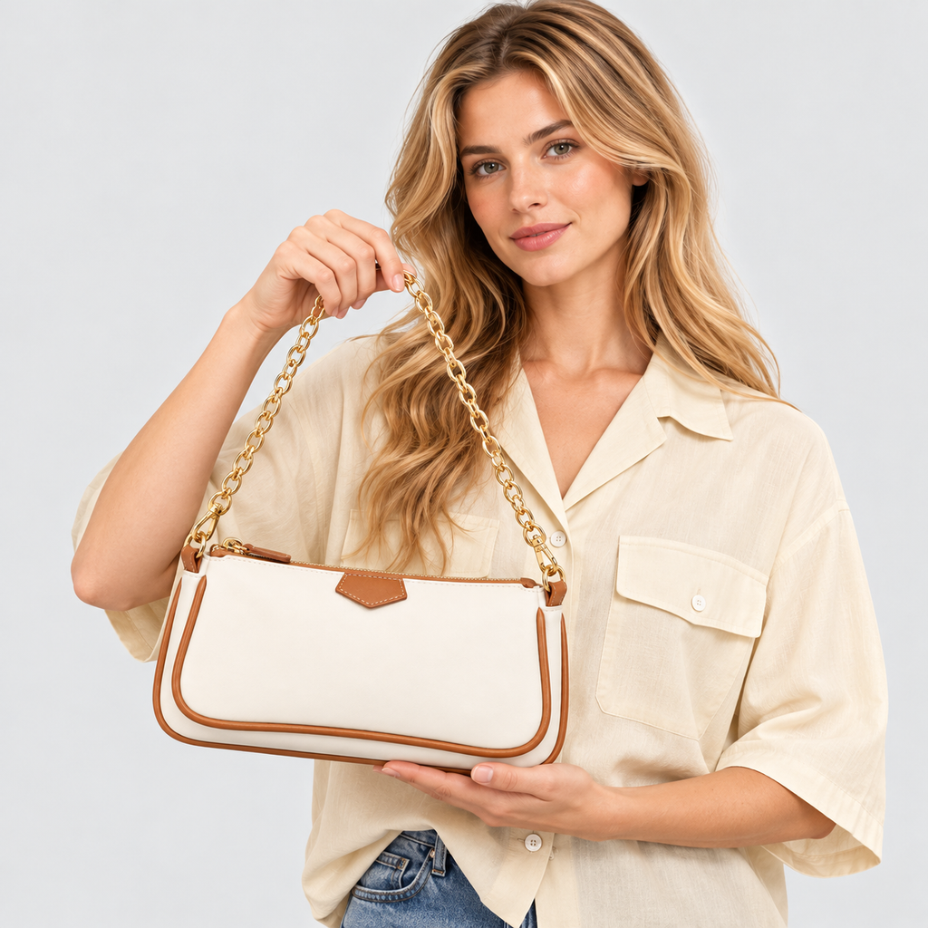 Tofarvet Crossbodytaske - Guldkæderem med Canvasrem