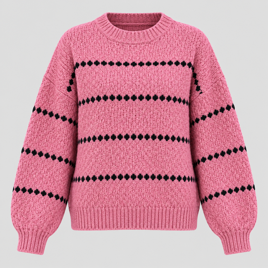 Oversized Popcorn-Strikket Sweater til Damer - Rund Hals, Ribkant
