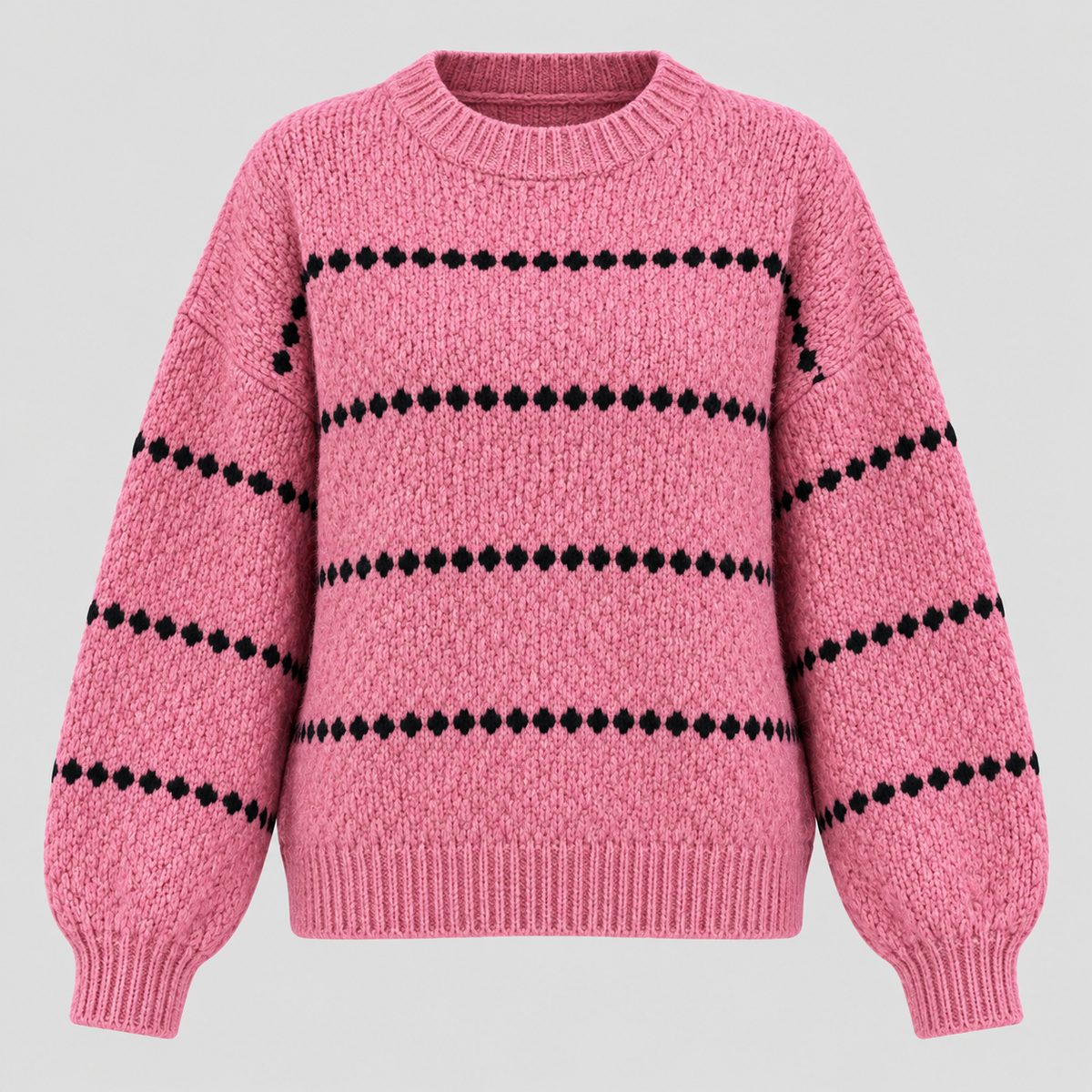 Oversized Popcorn-Strikket Sweater til Damer - Rund Hals, Ribkant