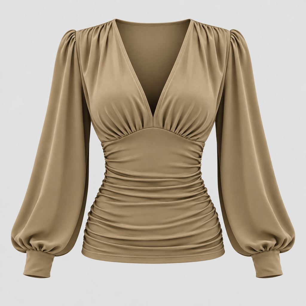 Dame Dyb V-Hals Bluse – Langærmet Wrap Front Top