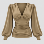 Dame Dyb V-Hals Bluse – Langærmet Wrap Front Top